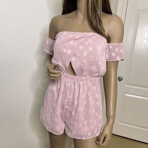 Revolve Superdown Romper XS Off Shoulder Pink Star Detail Aviana Cutout Pull On